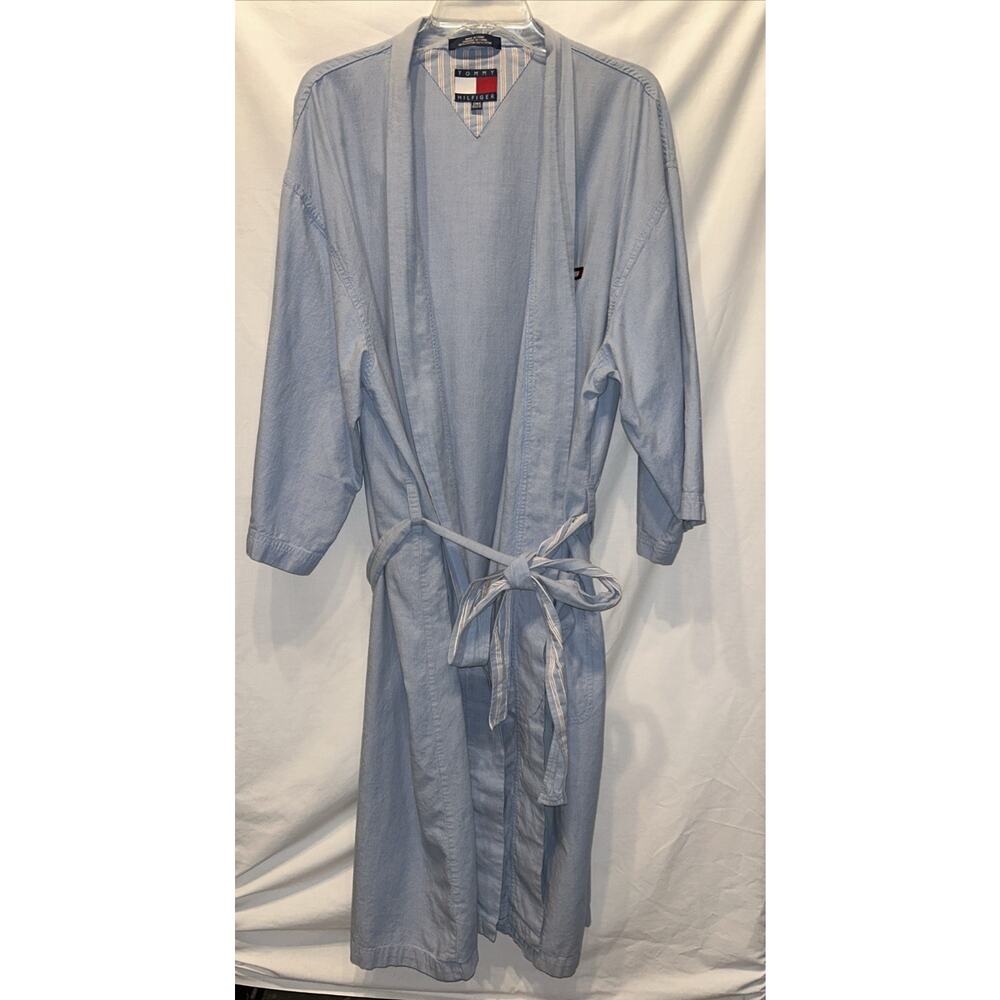 TOMMY HILFIGER Belted Robe Blue Chambray Cotton Bathrobe Pockets One Size